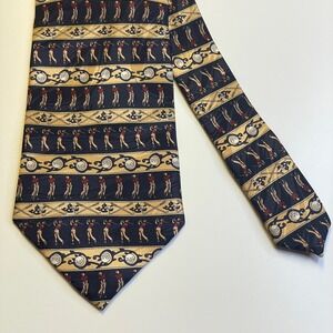 Vintage Museum Artifacts Golf Necktie Men Blue Yellow Silk Striped Sporty Preppy